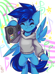 Size: 1200x1600 | Tagged: safe, artist:falafeljake, imported from derpibooru, oc, oc only, oc:apply, pegasus, bipedal, clothes, eyes closed, holding, hoodie, music notes, pegasus oc, turntable, wings