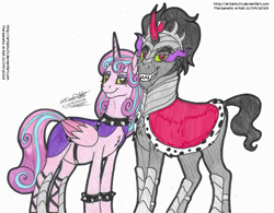Size: 5630x4395 | Tagged: safe, artist:artistnjc, imported from derpibooru, king sombra, princess flurry heart, alicorn, pony, unicorn, bad end, collar, evil flurry heart, evil grin, female, flurrybra, grin, male, older, older flurry heart, pregnant, saddle, shipping, signature, simple background, smiling, sombra eyes, spiked collar, spiked wristband, straight, tack, traditional art, wristband