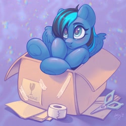 Size: 2048x2048 | Tagged: safe, artist:amishy, imported from derpibooru, oc, oc only, pegasus, pony, box, eyebrows, high res, pegasus oc, pony in a box, scissors, signature, solo, tape, underhoof, wings