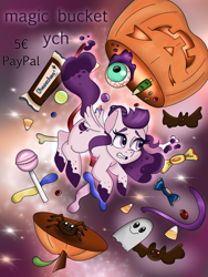 Size: 1620x2160 | Tagged: safe, alternate version, artist:ohneechan, imported from derpibooru, oc, oc only, oc:space dust, pegasus, candy, candy corn, commission, floating, food, halloween, holiday, jack-o-lantern, lollipop, pegasus oc, pumpkin, watermark, wings, worried, ych example, your character here