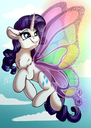 Size: 2894x4093 | Tagged: safe, artist:julunis14, imported from derpibooru, rarity, pony, unicorn, butterfly wings, chest fluff, ear fluff, female, fluffy, flying, gossamer wings, grin, high res, horn, leg fluff, mare, sky, smiling, solo, spread wings, wings