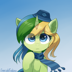 Size: 1000x1000 | Tagged: safe, artist:emeraldgalaxy, imported from derpibooru, oc, oc only, oc:meralaxy, pony, unicorn, bust, clothes, ear fluff, eye clipping through hair, eyebrows, eyebrows visible through hair, female, gradient background, hat, horn, looking at you, mare, raised hoof, scarf, solo, striped scarf, unicorn oc