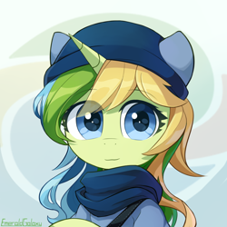 Size: 2000x2000 | Tagged: safe, artist:emeraldgalaxy, imported from derpibooru, oc, oc only, oc:meralaxy, pony, unicorn, abstract background, bust, clothes, eye clipping through hair, eyebrows, eyebrows visible through hair, female, hat, high res, horn, looking at you, mare, scarf, smiling, smiling at you, solo, unicorn oc