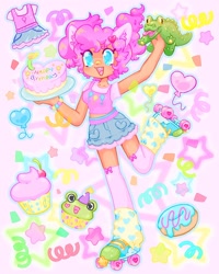 Size: 1440x1800 | Tagged: safe, artist:ibbledribble, imported from derpibooru, gummy, pinkie pie, alligator, human, alternate versions at source, cake, cupcake, food, humanized, roller skates, skates, solo, tan skin