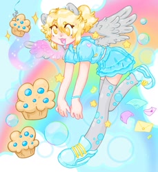 Size: 1440x1574 | Tagged: safe, artist:ibbledribble, imported from derpibooru, derpy hooves, human, clothes, eared humanization, food, humanized, light skin, muffin, socks, solo, thigh highs, winged humanization, wings