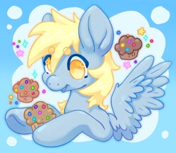 Size: 1440x1253 | Tagged: safe, artist:ibbledribble, imported from derpibooru, derpy hooves, pegasus, pony, food, muffin, solo, spread wings, wings