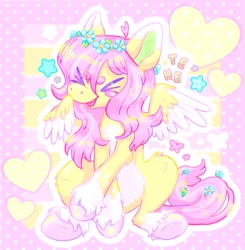 Size: 2003x2048 | Tagged: safe, artist:ibbledribble, imported from derpibooru, fluttershy, pegasus, pony, alternate design, floral head wreath, flower, g4, solo