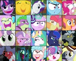 Size: 708x571 | Tagged: safe, imported from derpibooru, applejack, cozy glow, derpy hooves, fluttershy, lord tirek, pinkie pie, princess flurry heart, queen chrysalis, rainbow dash, rarity, starlight glimmer, twilight sparkle, derpibooru, :i, crown, faic, g4, i mean i see, jewelry, mane six, meta, pudding face, regalia, underp