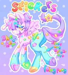 Size: 1851x2048 | Tagged: safe, artist:ibbledribble, imported from derpibooru, oc, oc only, oc:stickers, fairy, fairy pony, original species, pony, antenna, antennae, pronouns, solo, sticker
