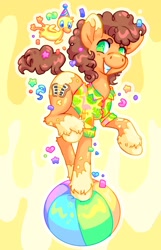 Size: 1322x2048 | Tagged: safe, artist:ibbledribble, imported from derpibooru, cheese sandwich, earth pony, pony, alternate design, balancing, ball, confetti, cute, diacheeses, solo