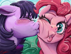 Size: 4745x3588 | Tagged: artist needed, safe, imported from derpibooru, pinkie pie, twilight sparkle, alicorn, pony, blushing, cheek kiss, duo, duo female, eyes closed, female, horn, kissing, lesbian, outdoors, shipping, twinkie