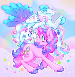 Size: 2014x2048 | Tagged: safe, artist:ibbledribble, imported from derpibooru, skywishes, star catcher, earth pony, pegasus, pony, blushing, duo, female, flower, flower in mouth, g3, lesbian, looking at each other, looking at someone, mouth hold, shipping, skycatcher