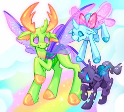 Size: 2048x1843 | Tagged: safe, artist:ibbledribble, imported from derpibooru, ocellus, thorax, changedling, changeling, flying, king thorax, trio