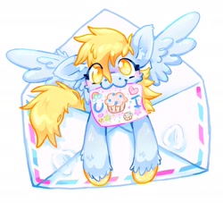 Size: 2048x1856 | Tagged: safe, artist:ibbledribble, imported from derpibooru, derpy hooves, pegasus, pony, :3, blushing, cute, daaaaaaaaaaaw, drawing, food, letter, looking at you, muffin, paper, simple background, solo, spread wings, starry eyes, white background, wingding eyes, wings