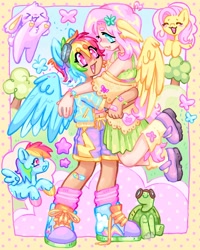 Size: 1440x1800 | Tagged: safe, artist:ibbledribble, imported from derpibooru, angel bunny, fluttershy, rainbow dash, tank, human, pegasus, pony, eared humanization, female, flutterdash, g4, goggles, goggles on head, holding, humanized, lesbian, light skin, shipping, tan skin, winged humanization, wings