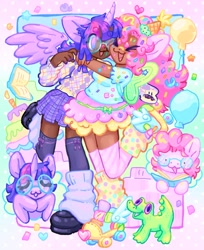 Size: 1673x2048 | Tagged: safe, artist:ibbledribble, imported from derpibooru, gummy, pinkie pie, twilight sparkle, alicorn, alligator, earth pony, human, pony, alternate versions at source, balloon, book, cake, clothes, dark skin, eared humanization, female, food, g4, glasses, horn, horned humanization, hug, humanized, lesbian, roller skates, shipping, skates, skirt, socks, sweater, thigh highs, twilight sparkle (alicorn), twinkie, winged humanization, wings