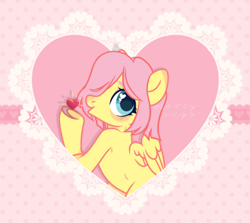 Size: 1920x1709 | Tagged: safe, artist:arshe12, imported from derpibooru, fluttershy, pegasus, pony, alternate hairstyle, blushing, cute, female, g4, hair over one eye, heart, mare, one eye closed, shyabetes, solo, wink