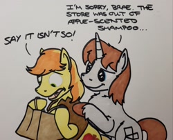 Size: 2048x1662 | Tagged: safe, artist:hoofclid, imported from derpibooru, braeburn, oc, oc:hoofclid, earth pony, pony, unicorn, canon x oc, chest fluff, dialogue, duo, gay, male, shipping, stallion, traditional art, unshorn fetlocks