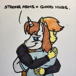 Size: 2028x2048 | Tagged: safe, artist:hoofclid, imported from derpibooru, braeburn, oc, oc:hoofclid, anthro, earth pony, unicorn, canon x oc, gay, hug, looking at you, looking back, looking back at you, male, shipping, smiling, smiling at you, traditional art