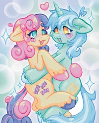 Size: 1440x1800 | Tagged: safe, artist:ibbledribble, imported from derpibooru, bon bon, lyra heartstrings, sweetie drops, earth pony, pony, unicorn, blushing, duo, ear fluff, female, heart, hug, lesbian, looking at each other, looking at someone, ship:lyrabon, shipping