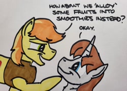 Size: 2047x1468 | Tagged: safe, artist:hoofclid, imported from derpibooru, braeburn, oc, oc:hoofclid, earth pony, pony, unicorn, canon x oc, duo, duo male, gay, hoof on chin, looking at each other, looking at someone, male, shipping, smiling, stallion, traditional art