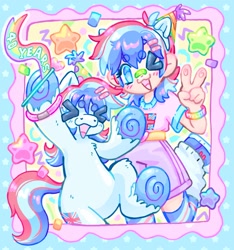 Size: 1915x2048 | Tagged: safe, artist:ibbledribble, imported from derpibooru, oc, oc only, oc:britannia (uk ponycon), earth pony, human, pony, duo, humanized, peace sign, uk ponycon