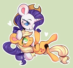 Size: 2048x1898 | Tagged: safe, artist:uni_pone, imported from derpibooru, applejack, rarity, earth pony, pony, unicorn, accessory theft, applejack's hat, cowboy hat, female, hat, heart, lesbian, looking at each other, looking at someone, lying down, on back, rarijack, shipping