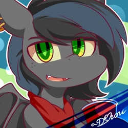 Size: 500x500 | Tagged: safe, artist:dshou, imported from derpibooru, oc, oc only, oc:notde, bat pony, pony, bandana, bust, cup, ear piercing, green eyes, looking at you, open mouth, piercing, portrait, smiling, solo