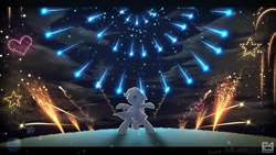 Size: 3844x2162 | Tagged: safe, artist:phoenixrk49, imported from derpibooru, trixie, pony, unicorn, belly button, bipedal, eyes closed, female, fireworks, heart, high res, mare, night, nose in the air, open mouth, open smile, smiling, solo, stars