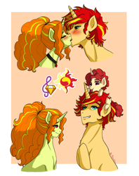 Size: 3314x4178 | Tagged: safe, artist:daazzlin, imported from derpibooru, adagio dazzle, sunset shimmer, oc, oc:fire heart, half-siren, hybrid, pony, unicorn, adagiglare, blushing, colt, equestria girls ponified, female, foal, half r63 shipping, kiss on the lips, kissing, lesbian, looking up, magical lesbian spawn, male, mare, offspring, parent:adagio dazzle, parent:sunset glare, parent:sunset shimmer, parents:adagiglare, parents:sunsagio, passepartout, ponified, pony hat, rule 63, shipping, stallion, straight, sunsagio, sunset glare, tongue out