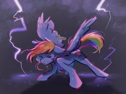 Size: 2048x1536 | Tagged: safe, artist:boorakun, imported from derpibooru, rainbow dash, pegasus, pony, female, lightning, mare, solo, spread wings, wings