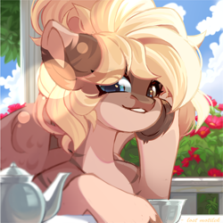 Size: 4002x3999 | Tagged: safe, artist:lambertttich, imported from derpibooru, oc, oc only, oc:amoo, pegasus, pony, zebra, blonde mane, cup, food, heterochromia, smiling, solo, tea, teapot