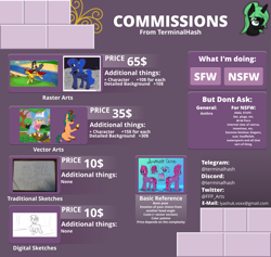 Size: 3665x3470 | Tagged: safe, artist:terminalhash, imported from derpibooru, princess luna, swan song, oc, oc:amethyst wind, oc:ravery, oc:ravery kadogan, oc:rouzfirecarrot, oc:spruce pastille, oc:terminal hash, oc:terminalhash, advertisement, commission info, digital art, price sheet, sketch, traditional art