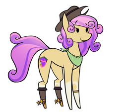 Size: 668x601 | Tagged: safe, artist:fenixdust, imported from derpibooru, oc, oc:quickdraw, earth pony, boots, clothes, coat markings, cowboy hat, curly hair, freckles, hat, hoof ring, purple hair, scarf, shoes, socks (coat markings), solo, yellow coat