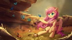 Size: 2800x1575 | Tagged: safe, artist:emeraldgalaxy, imported from derpibooru, fluttershy, bird, butterfly, pegasus, pony, cute, eye clipping through hair, eyebrows, eyebrows visible through hair, female, frog (hoof), high res, hoofbutt, mare, outdoors, partially open wings, shyabetes, signature, sitting, smiling, solo, underhoof, wings