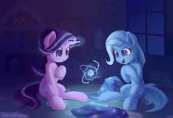 Size: 2800x1900 | Tagged: safe, artist:emeraldgalaxy, imported from derpibooru, starlight glimmer, trixie, pony, unicorn, brooch, cape, clothes, duo, duo female, eyebrows, female, glowing, glowing horn, hat, high res, horn, indoors, jewelry, magic, magic aura, mare, open mouth, open smile, signature, sitting, smiling, trixie's brooch, trixie's cape, trixie's hat, wizard hat