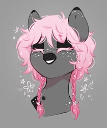 Size: 856x1020 | Tagged: safe, artist:melodylibris, imported from derpibooru, oc, oc only, earth pony, pony, braid, braided pigtails, bust, dark muzzle, eyes closed, facial markings, female, freckles, gray background, grin, mare, pigtails, simple background, smiling, solo