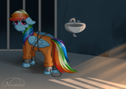 Size: 2039x1447 | Tagged: safe, artist:nuumia, imported from derpibooru, bound wings, chained, chains, clothes, cuffs, jail, never doubt rainbowdash69's involvement, prison, prison outfit, prisoner, prisoner rd, shackles, wings