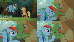 Size: 2000x1125 | Tagged: safe, edit, edited screencap, editor:quoterific, imported from derpibooru, screencap, applejack, rainbow dash, buckball season, apple, apple tree, food, forest, tree