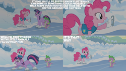 Size: 2000x1125 | Tagged: safe, edit, edited screencap, editor:quoterific, imported from derpibooru, screencap, pinkie pie, spike, twilight sparkle, unicorn, winter wrap up, ice, ice skates, skates, snow, unicorn twilight