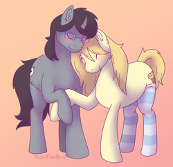 Size: 3762x3647 | Tagged: safe, artist:rocketfrommars, imported from derpibooru, oc, oc:ragimuffin, oc:restless rigor, earth pony, pony, unicorn, clothes, duo, gay, male, socks, stallion