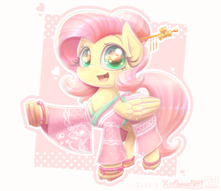 Size: 2730x2358 | Tagged: safe, artist:phoenixrk49, imported from derpibooru, fluttershy, pegasus, pony, female, high res, mare, open mouth, open smile, passepartout, raised hoof, smiling, solo, yukata
