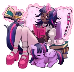 Size: 2048x2016 | Tagged: safe, artist:chuzza, imported from derpibooru, twilight sparkle, alicorn, human, book, clothes, dark skin, dress, glasses, humanized, looking at you, multiple variants, pantyhose, reading, simple background, sitting, sleeping, twilight sparkle (alicorn), white background