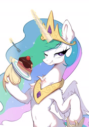 Size: 1535x2185 | Tagged: safe, artist:starbow, imported from derpibooru, part of a set, princess celestia, alicorn, pony, belly, belly button, bipedal, cake, chest fluff, crown, cute, cutelestia, ear fluff, eyebrows, eyebrows visible through hair, female, fluffy, food, fork, glowing, glowing horn, hoof shoes, horn, jewelry, levitation, lidded eyes, looking at you, magic, magic aura, mare, one eye closed, peytral, plate, princess shoes, regalia, simple background, solo, spread wings, telekinesis, white background, wings