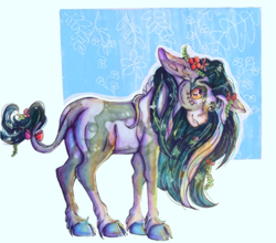 Size: 4128x3630 | Tagged: safe, artist:pegasus004, imported from derpibooru, oc, oc only, earth pony, pony, bow, cloven hooves, floppy ears, flower, flower in hair, leonine tail, markings, solo, tail, traditional art