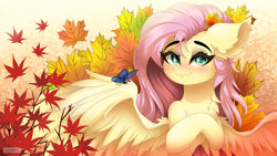 Size: 7680x4320 | Tagged: safe, artist:natanvok, imported from derpibooru, fluttershy, butterfly, pony, :3, absurd file size, absurd resolution, blushing, chest fluff, eyebrows, eyebrows visible through hair, leaf, leaves, lidded eyes, looking at you, smiling, solo, spread wings, wings