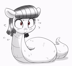 Size: 3119x2862 | Tagged: safe, artist:pabbley, imported from derpibooru, oc, oc only, oc:tija, original species, snake, snake pony, :<, black and white, blushing, emanata, female, grayscale, mare, monochrome, partial color, plewds, simple background, solo, sweat, sweatdrops, white background