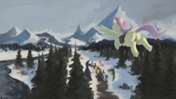 Size: 4000x2250 | Tagged: safe, artist:marsminer, imported from derpibooru, applejack, fluttershy, pinkie pie, rainbow dash, rarity, twilight sparkle, alicorn, earth pony, pegasus, pony, unicorn, bag, butt, cloud, facing away, female, flying, forest, mane six, mare, mountain, mountain range, plot, river, saddle bag, scenery, snow, tree, twilight sparkle (alicorn), walking, water, winter