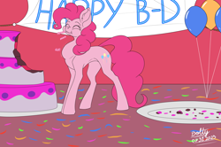 Size: 7662x5080 | Tagged: safe, artist:lightning bolty, imported from derpibooru, pinkie pie, earth pony, pony, absurd resolution, balloon, banner, big ears, birthday, cake, cartoon physics, cheek bulge, chewing, closed mouth, colored, concave belly, confetti, crumbs, date (time), digestion without weight gain, ear fluff, eating, eyebrows, eyelashes, eyes closed, female, flat colors, food, giant food, hammerspace, hammerspace belly, indoors, mare, munching, neck bulge, no source available, party, plate, platter, signature, slim, smiling, solo, stuffing, swallowing, that pony sure does love cakes, thin, throat bulge, wall of tags