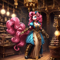 Size: 1024x1024 | Tagged: safe, derpibooru exclusive, imported from derpibooru, pinkie pie, anthro, earth pony, ai content, ai generated, amputee, clothes, dress, generator:stable diffusion, prompter:professordoctorc, prosthetic arm, prosthetic leg, prosthetic limb, prosthetics, steampunk, victorian